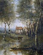 Jean-Baptiste-Camille Corot, La riviere en bateau et la maison